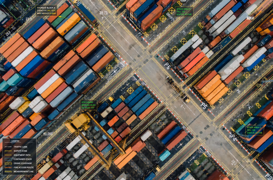 Aerial view of a container terminal with stacks of containers and a gantry crane, with a technical overlay of measuring lines, zones and labels across the image.