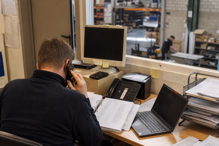 An employee in a workshop office on the phone above an open ring binder, with an old monitor, a desk phone, a laptop and piles of paper on the desk.